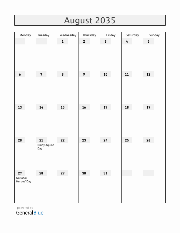 Philippines August 2035 Calendar with Holidays