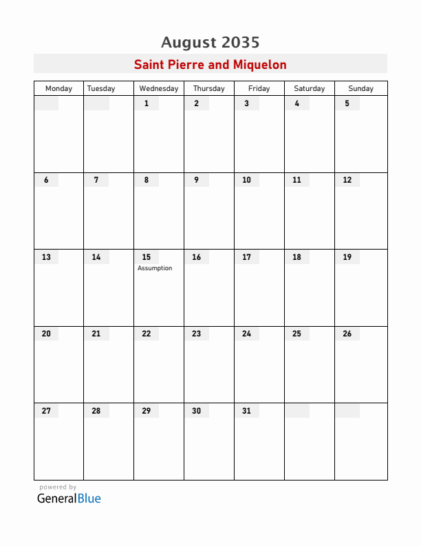 Saint Pierre and Miquelon August 2035 Calendar with Holidays