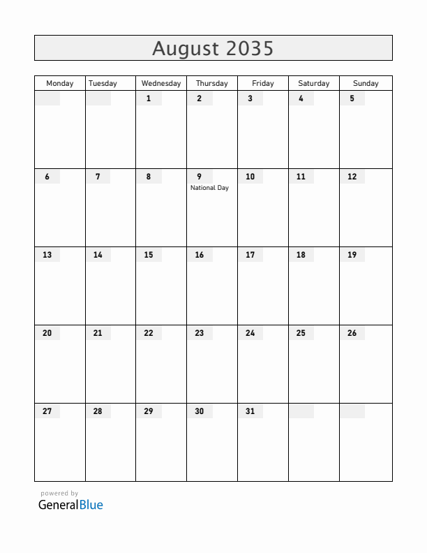 Singapore August 2035 Calendar with Holidays