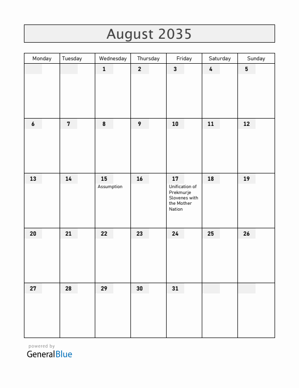 Slovenia August 2035 Calendar with Holidays