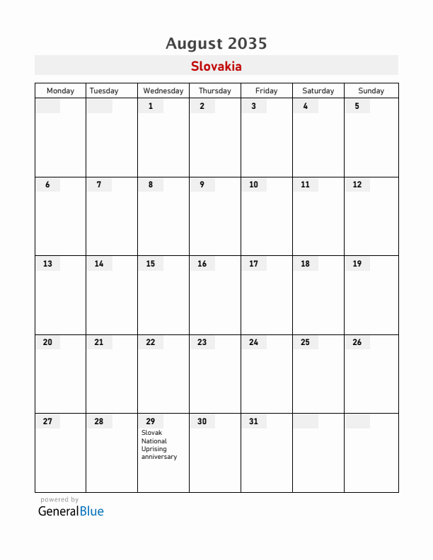 Slovakia August 2035 Calendar with Holidays