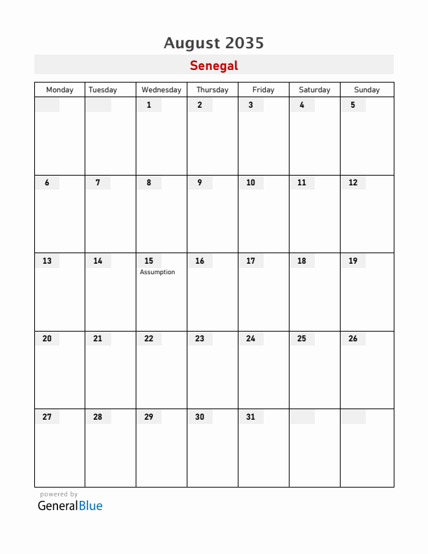 Senegal August 2035 Calendar with Holidays