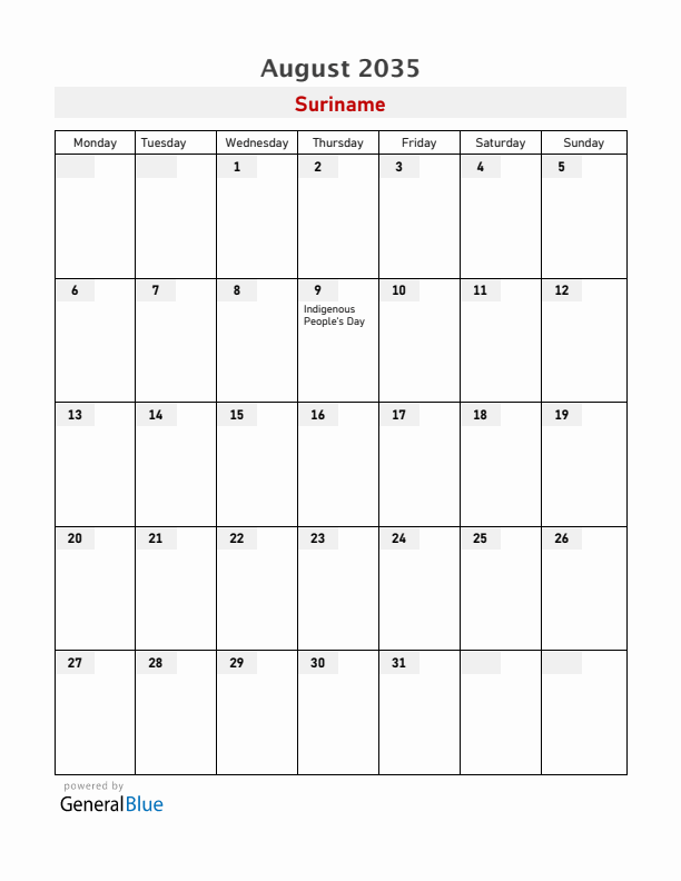 Suriname August 2035 Calendar with Holidays