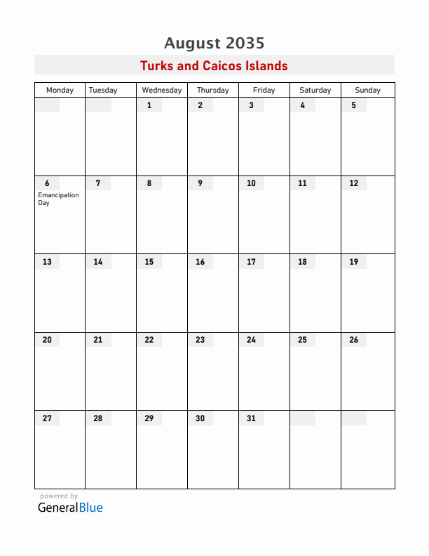 Turks and Caicos Islands August 2035 Calendar with Holidays