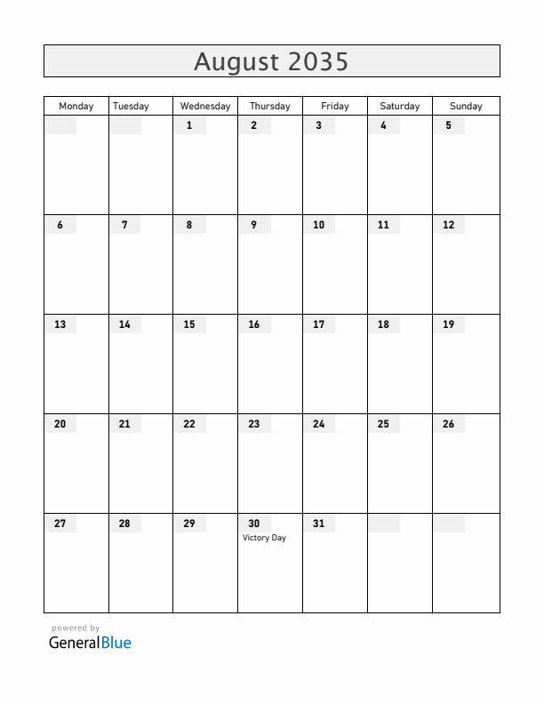 Turkey August 2035 Calendar with Holidays