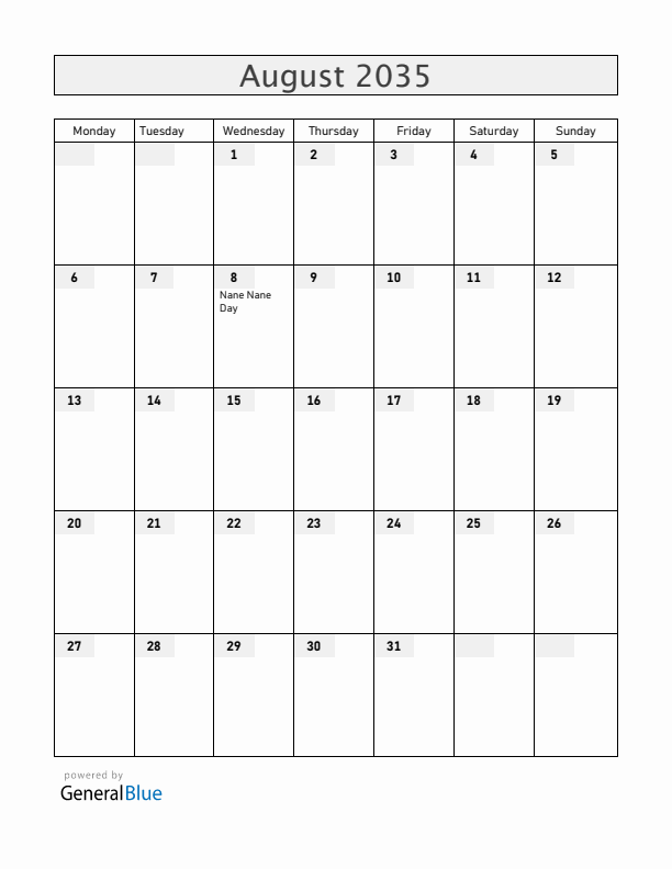 Tanzania August 2035 Calendar with Holidays