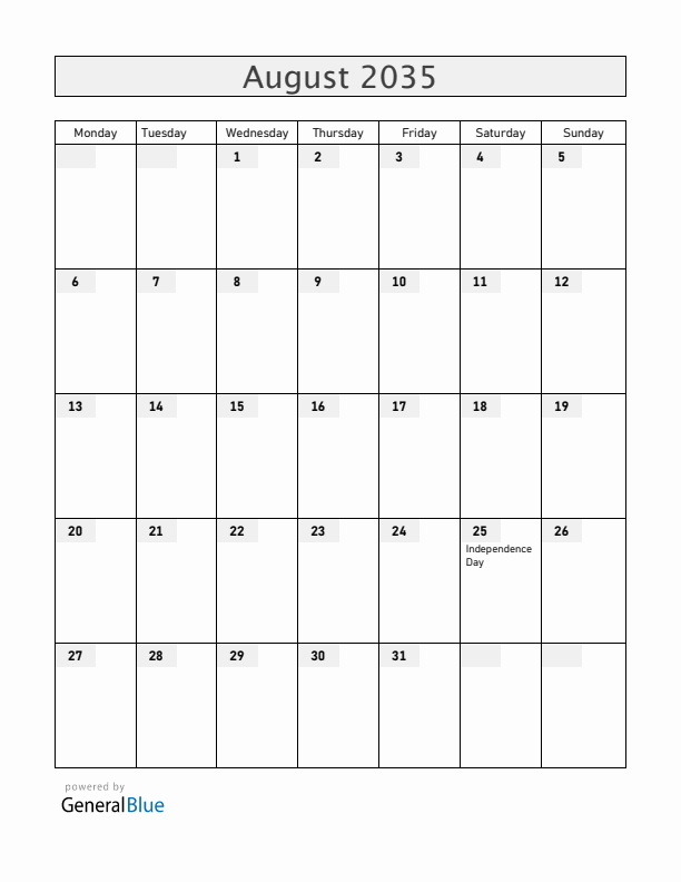 Uruguay August 2035 Calendar with Holidays