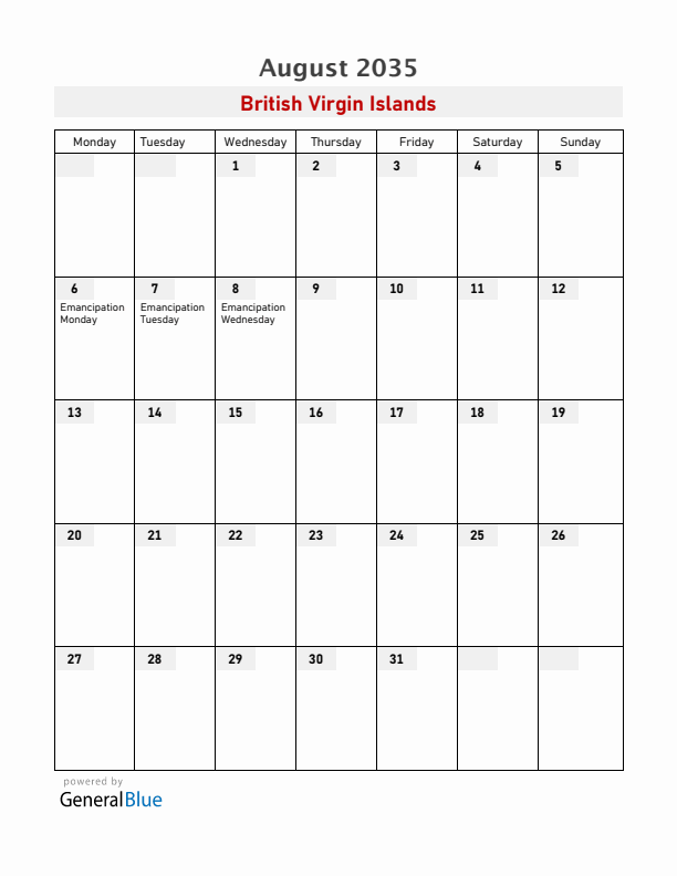 British Virgin Islands August 2035 Calendar with Holidays