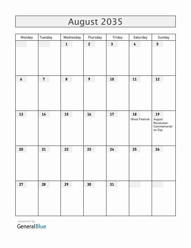 Vietnam August 2035 Calendar with Holidays