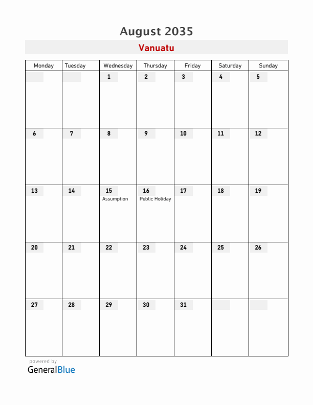 Vanuatu August 2035 Calendar with Holidays