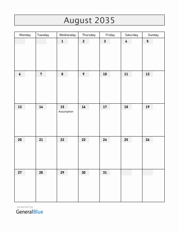 Mayotte August 2035 Calendar with Holidays