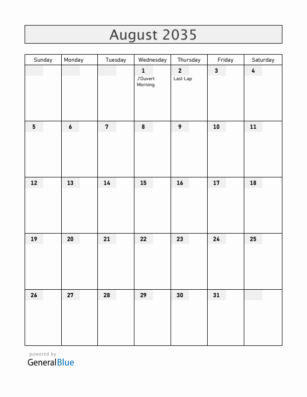 Antigua and Barbuda August 2035 Calendar with Holidays