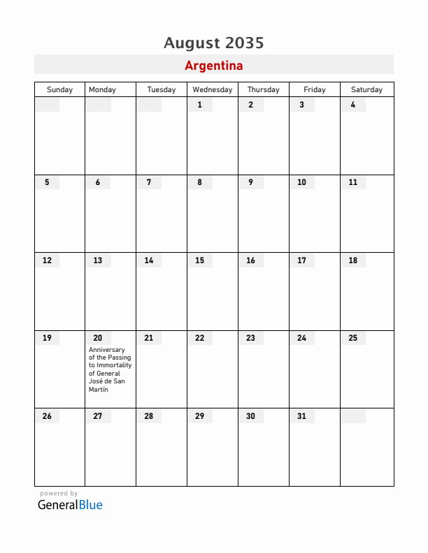 Argentina August 2035 Calendar with Holidays