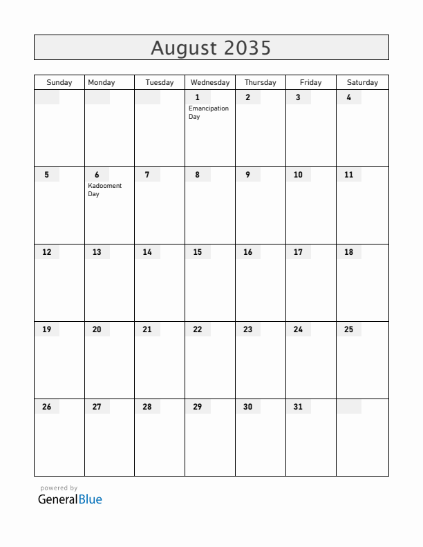 Barbados August 2035 Calendar with Holidays