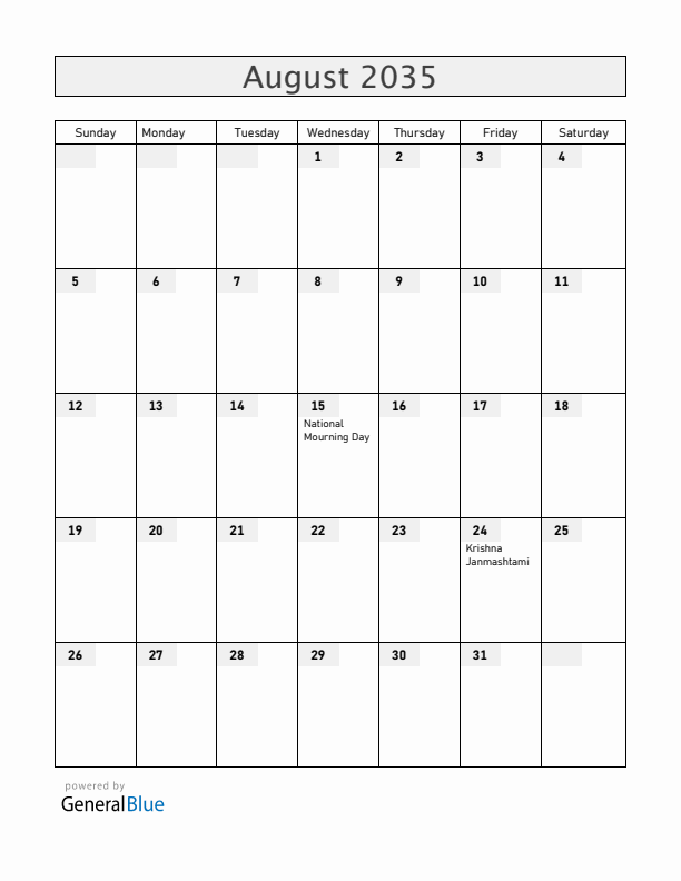 Bangladesh August 2035 Calendar with Holidays