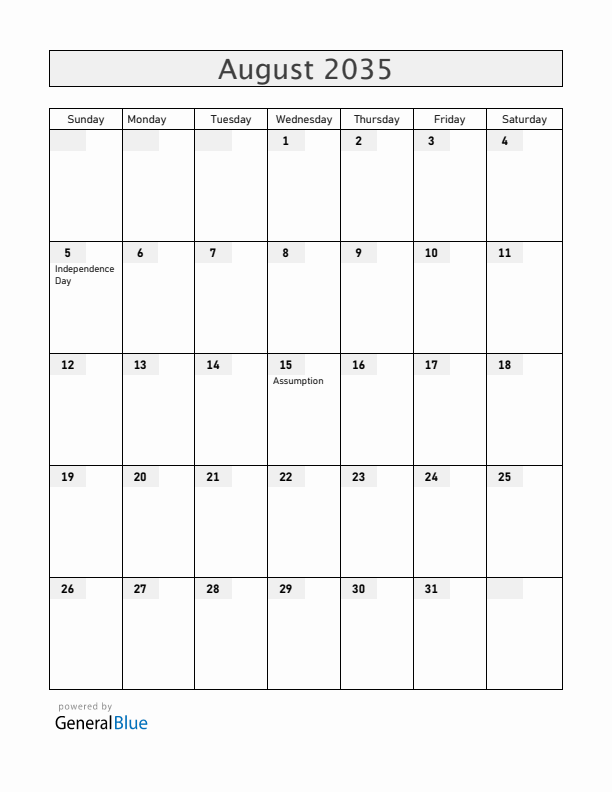 Burkina Faso August 2035 Calendar with Holidays