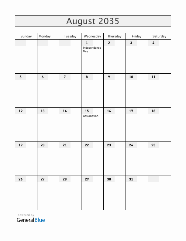 Benin August 2035 Calendar with Holidays