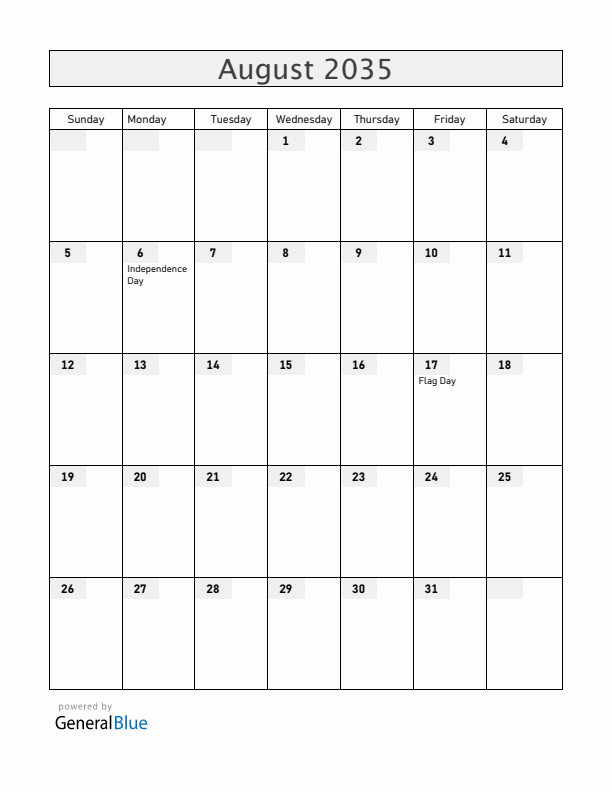Bolivia August 2035 Calendar with Holidays