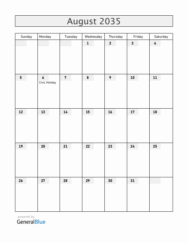 Canada August 2035 Calendar with Holidays