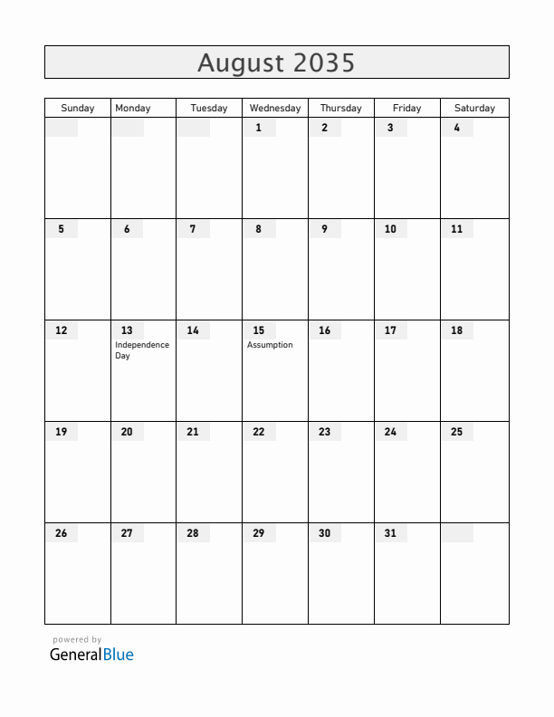 Central African Republic August 2035 Calendar with Holidays