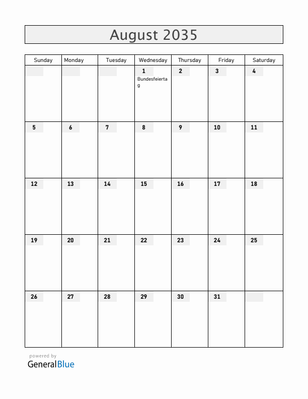 Switzerland August 2035 Calendar with Holidays