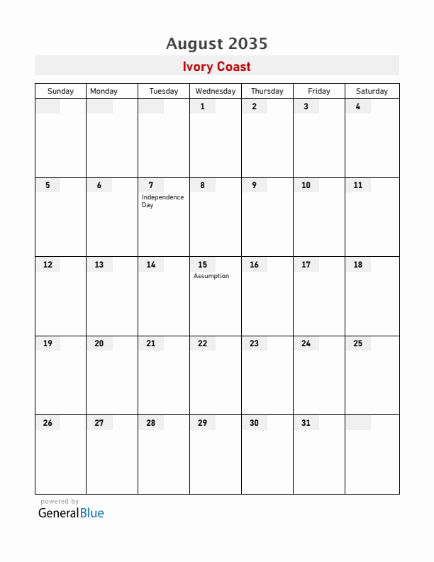 Ivory Coast August 2035 Calendar with Holidays
