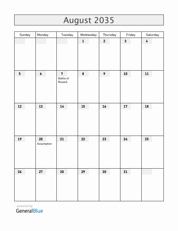 Colombia August 2035 Calendar with Holidays