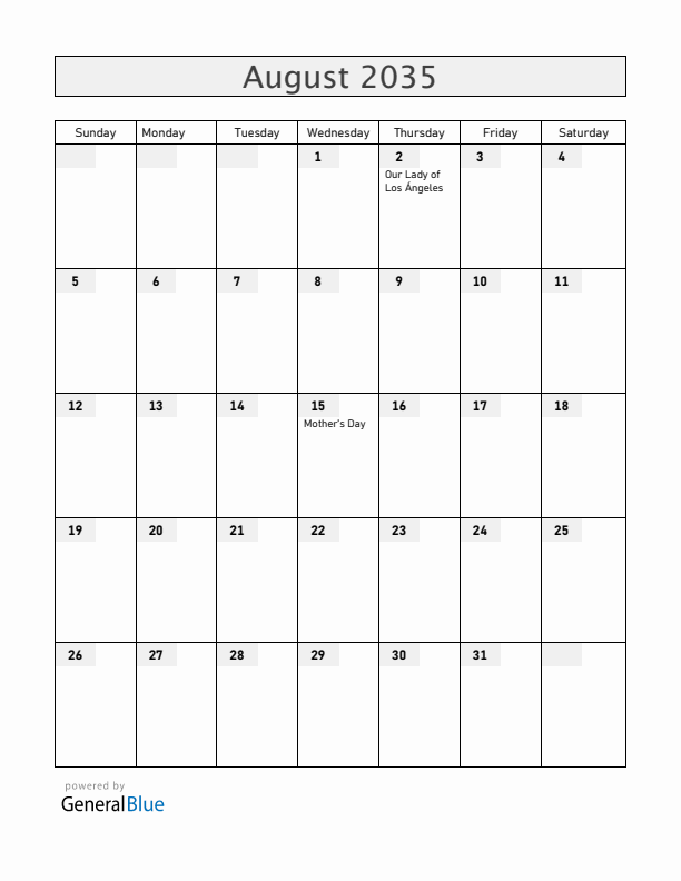 Costa Rica August 2035 Calendar with Holidays
