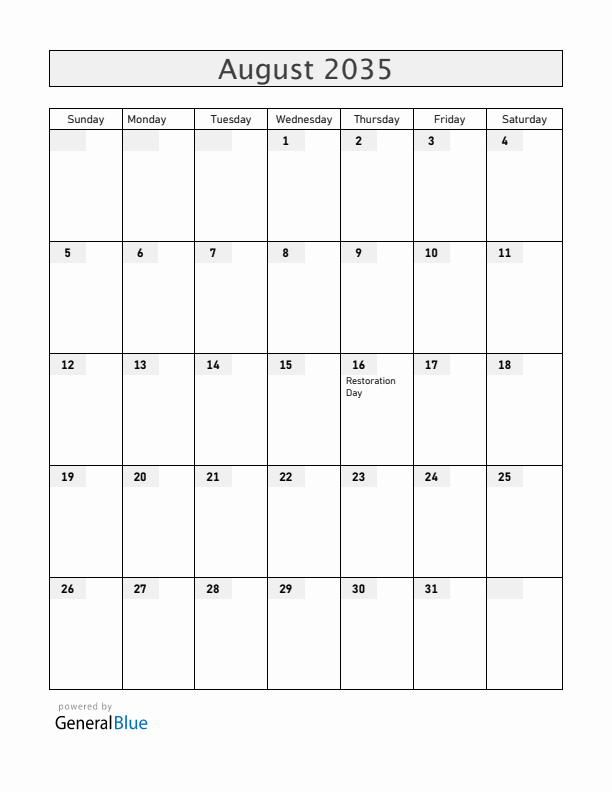 Dominican Republic August 2035 Calendar with Holidays