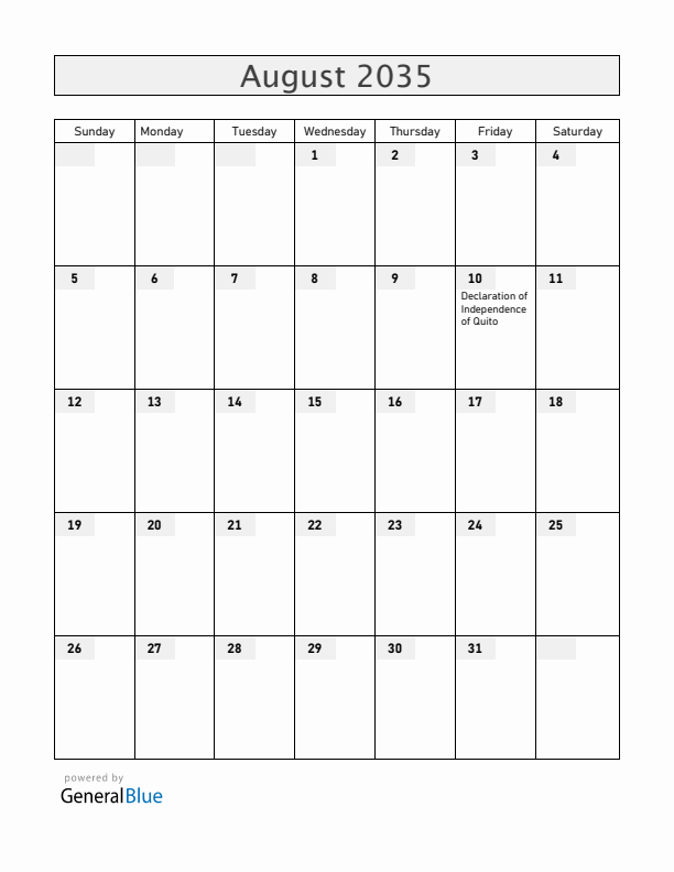 Ecuador August 2035 Calendar with Holidays