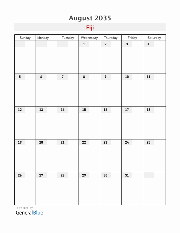 Fiji August 2035 Calendar with Holidays