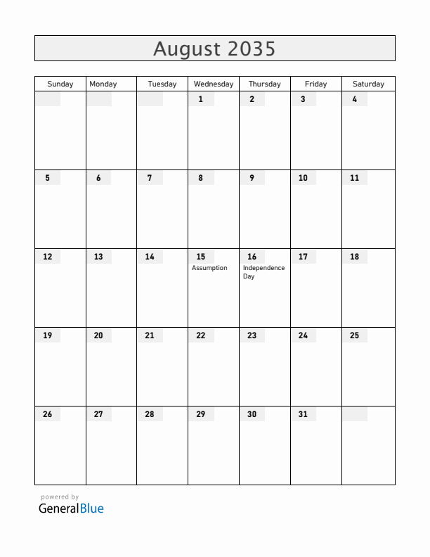 Gabon August 2035 Calendar with Holidays