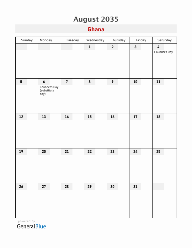 Ghana August 2035 Calendar with Holidays
