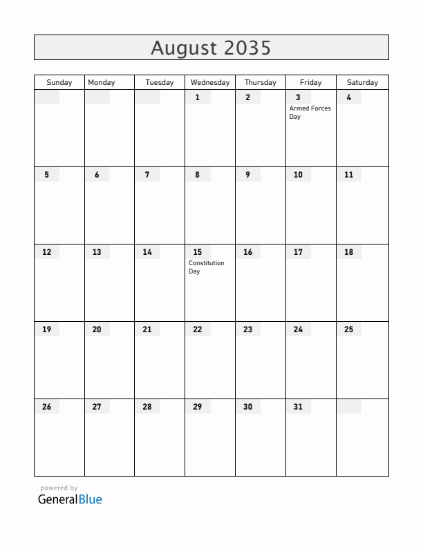 Equatorial Guinea August 2035 Calendar with Holidays