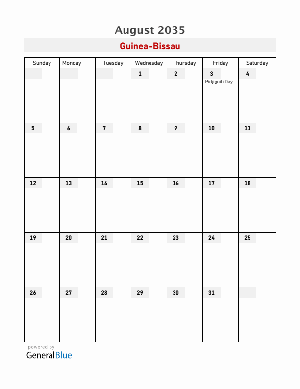 Guinea-Bissau August 2035 Calendar with Holidays