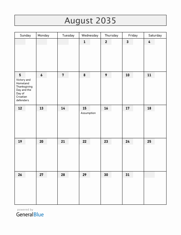 Croatia August 2035 Calendar with Holidays