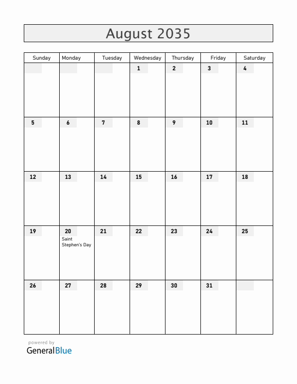 Hungary August 2035 Calendar with Holidays