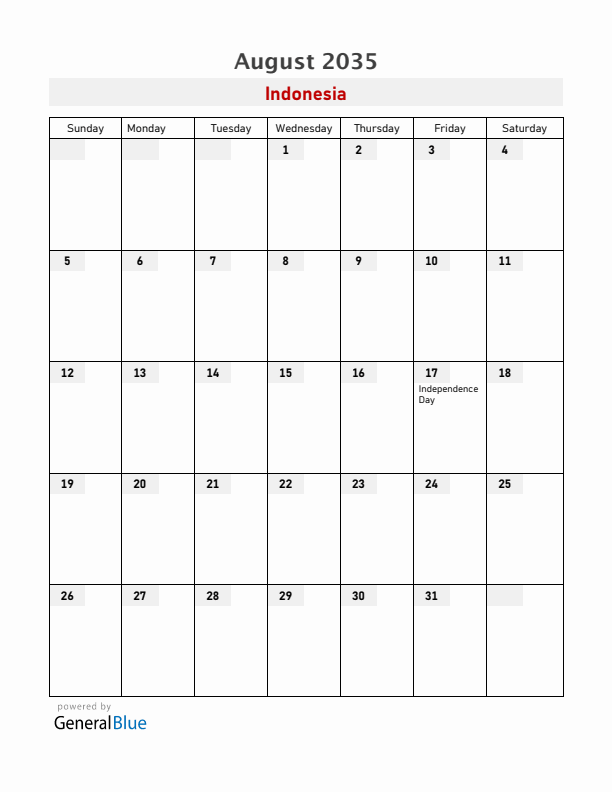 Indonesia August 2035 Calendar with Holidays