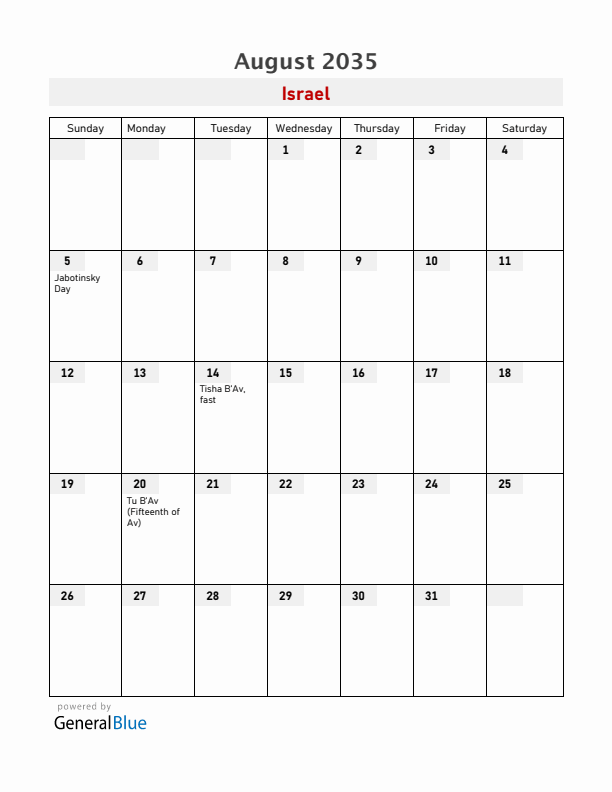 Israel August 2035 Calendar with Holidays