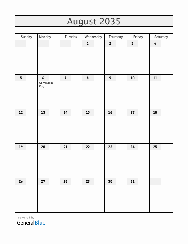 Iceland August 2035 Calendar with Holidays