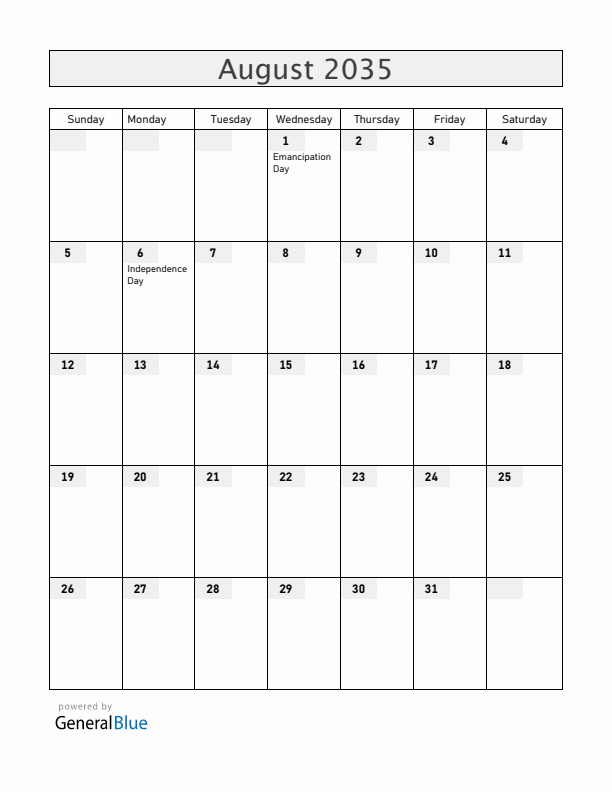 Jamaica August 2035 Calendar with Holidays