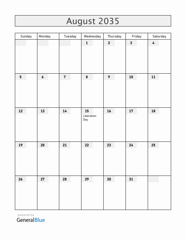 South Korea August 2035 Calendar with Holidays