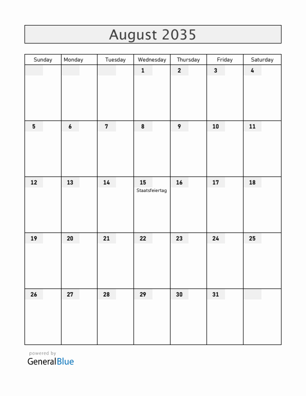 Liechtenstein August 2035 Calendar with Holidays