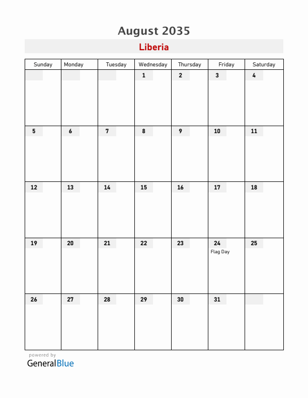 Liberia August 2035 Calendar with Holidays