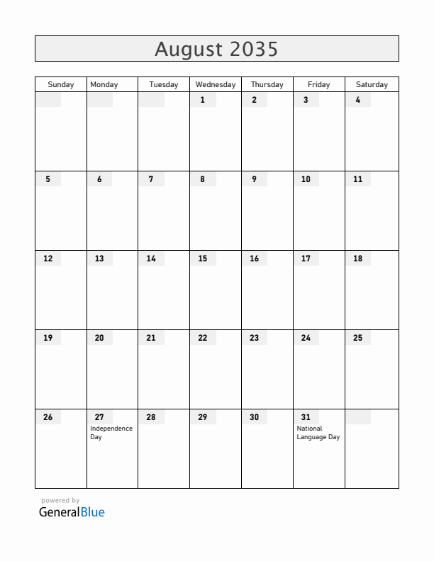 Moldova August 2035 Calendar with Holidays