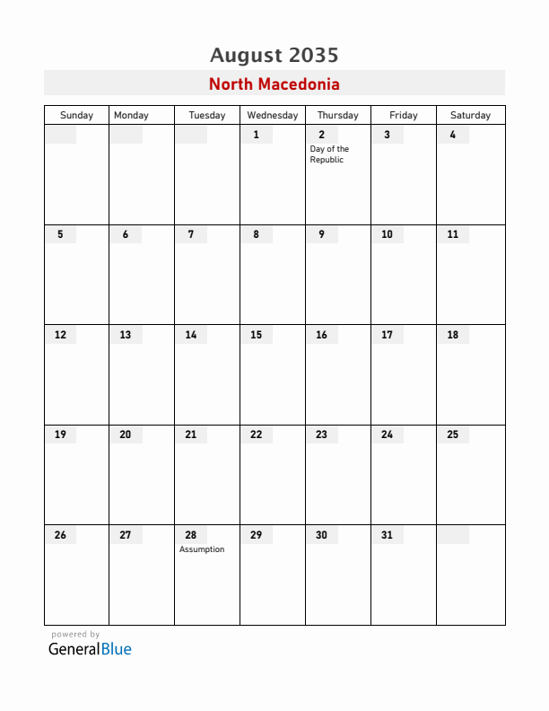 North Macedonia August 2035 Calendar with Holidays