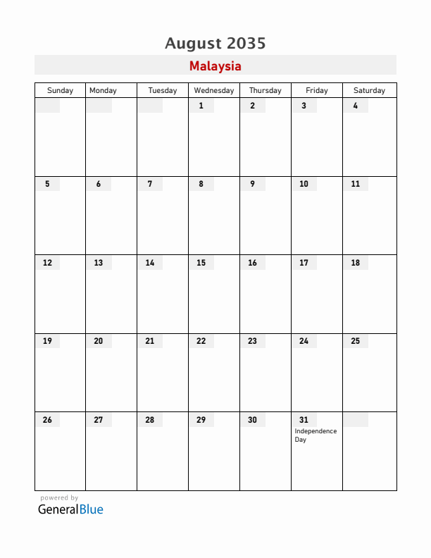 Malaysia August 2035 Calendar with Holidays