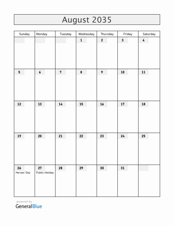 Namibia August 2035 Calendar with Holidays