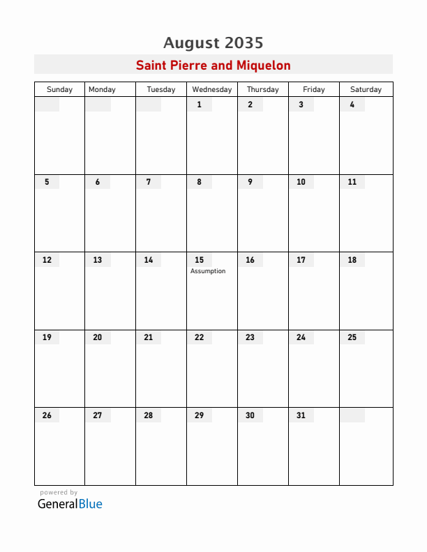 Saint Pierre and Miquelon August 2035 Calendar with Holidays