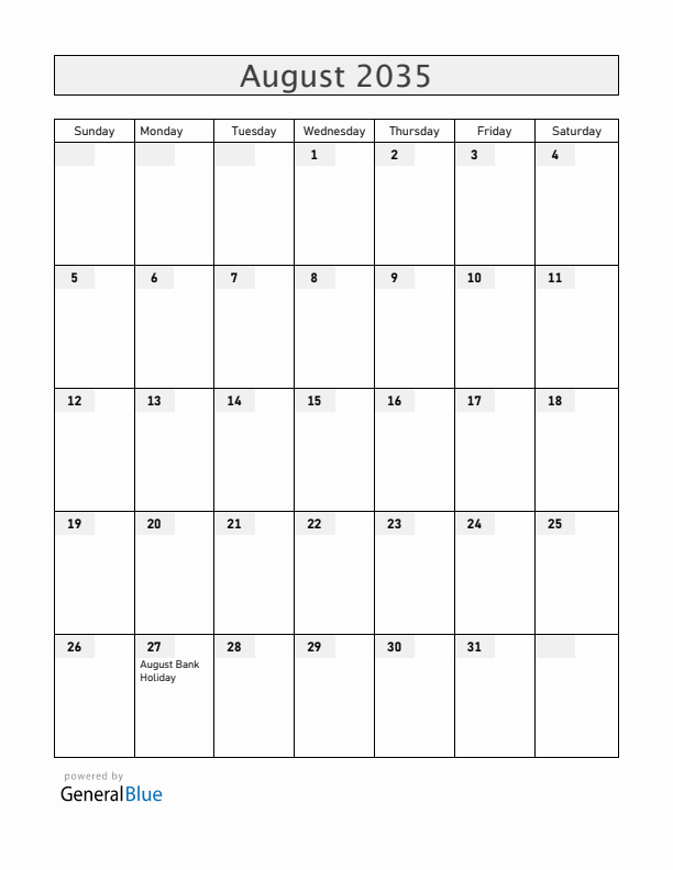 Saint Helena August 2035 Calendar with Holidays